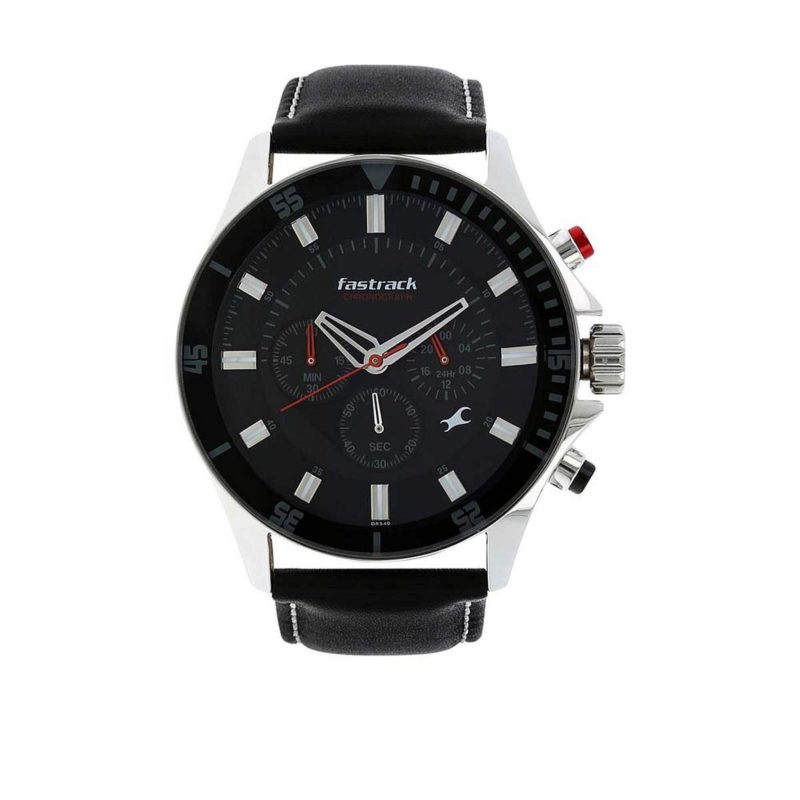 Fastrack Big Time Quartz Chronograph Black Dial Leather Strap Watch for Guys-NP3072SL02