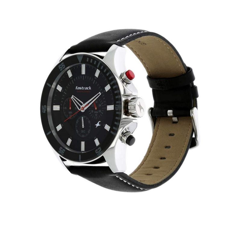 Fastrack Big Time Quartz Chronograph Black Dial Leather Strap Watch for Guys-NP3072SL02